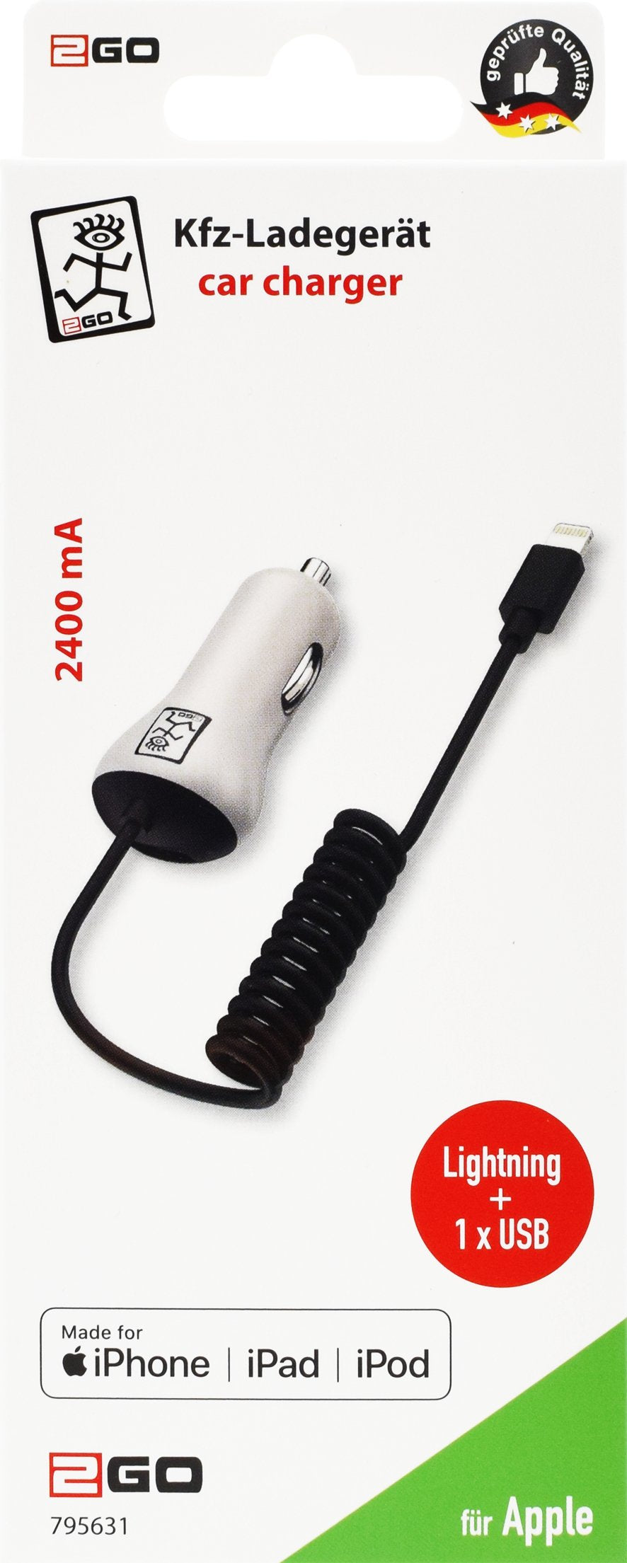 Cargador De Coche 2go 12v/24v-Mfi Cert-Negro Para Iphone Y Ipad