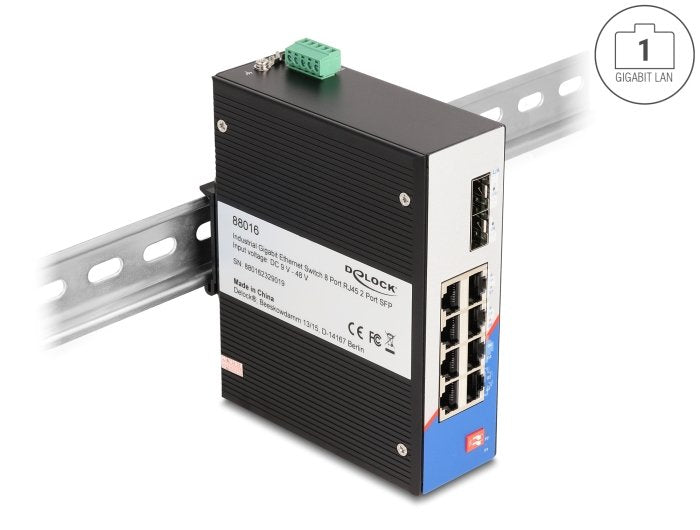 Delock 88016 Switch Gigabit Ethernet Industrial 8 Puertos Rj45 2 Puertos Sfp Para Carril Din