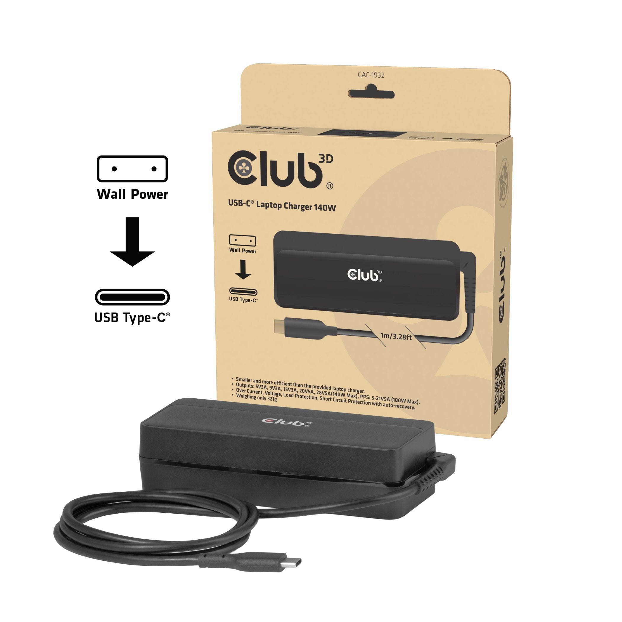 Club3d Laptop-Cargador Usb-C Pd3.1 140w, Gan Retail