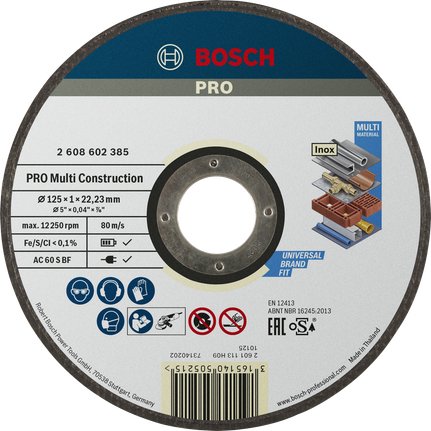 Disco De Corte Bosch Professional Multiconstruction - Rapido, Ø 125 Mm, Diámetro 22,23 Mm, Acs 60 V Bf, Recto 2608602385