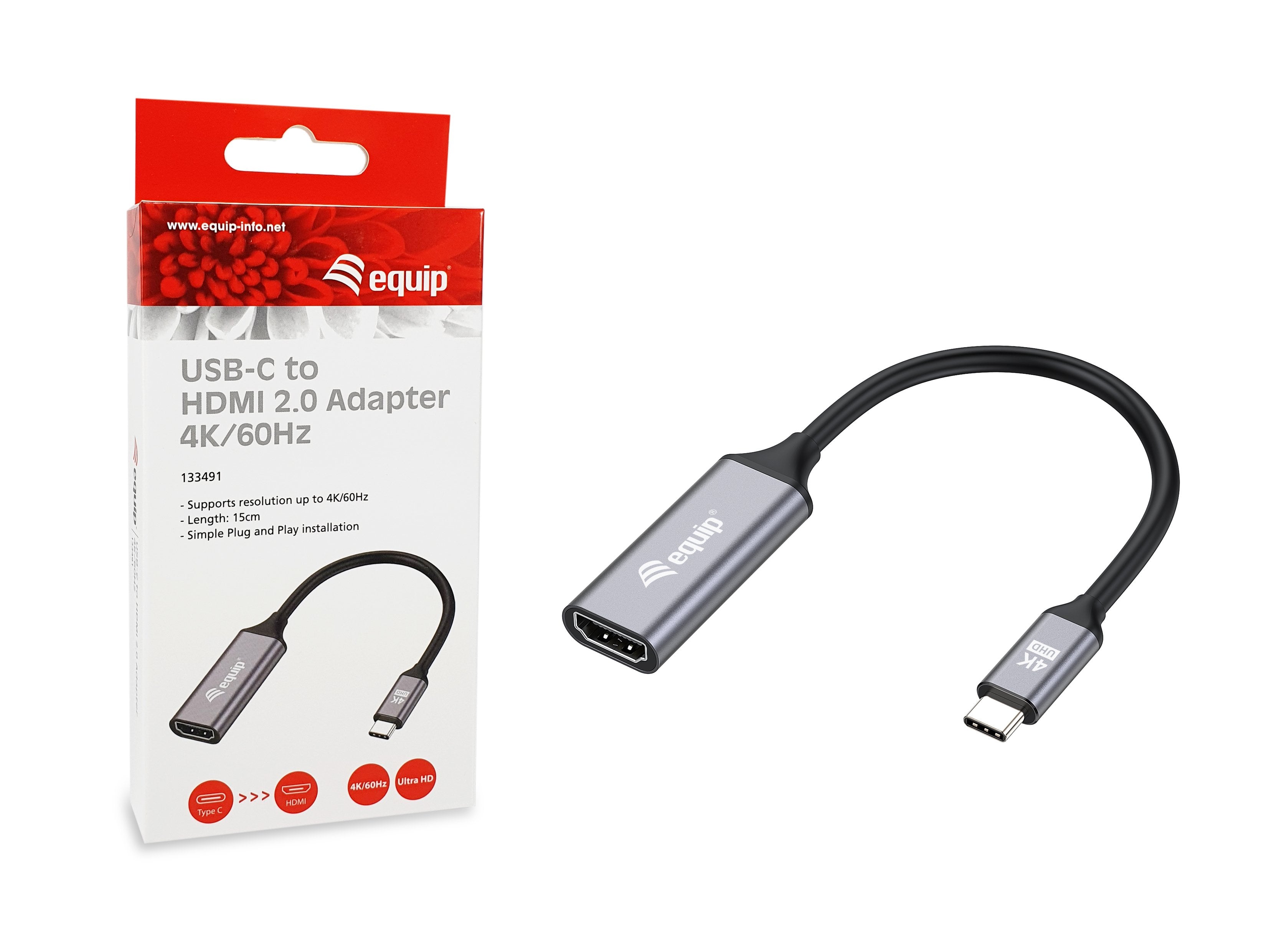 Equip 133491 Adaptador Usb-C -> Hdmi 2.0 4k60hz 0.15m Negro, Gris