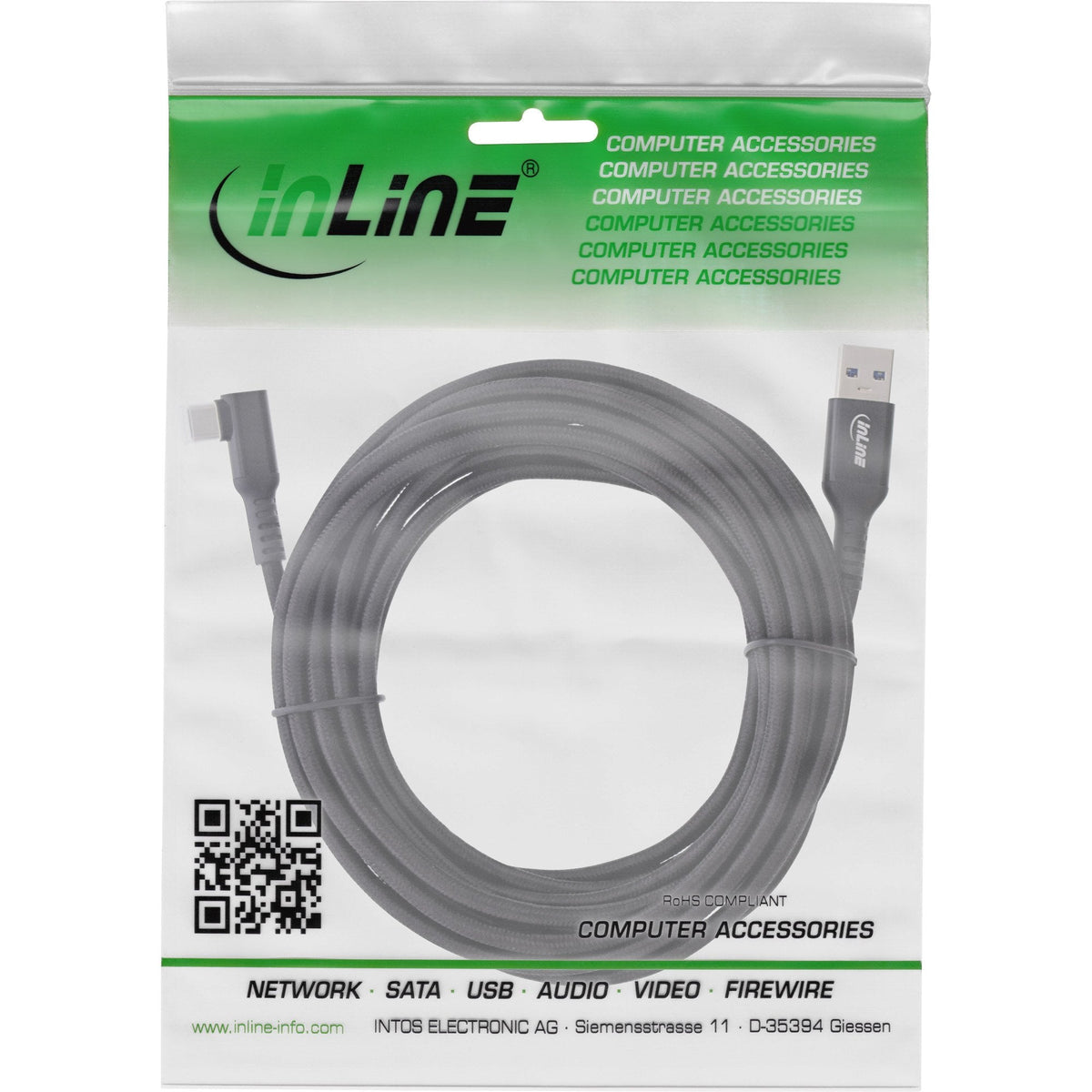 Inline® Usb 3.2 Gen.1 Cable, Usb-C Plug Angled - Usb-A Plug For Vr, Negro, 5m