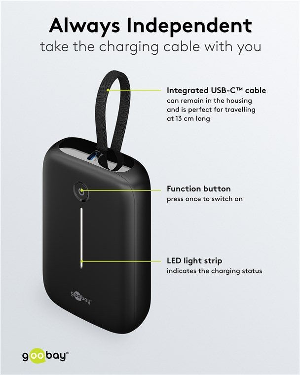 Goobay Powerbank 10.000 Mah, Integriertes Usb-C Cable 13cm, 20 Watt (Negro, 10 Ah, 1x Usb-A, 2x Usb-C, Pd, Qc) 76251
