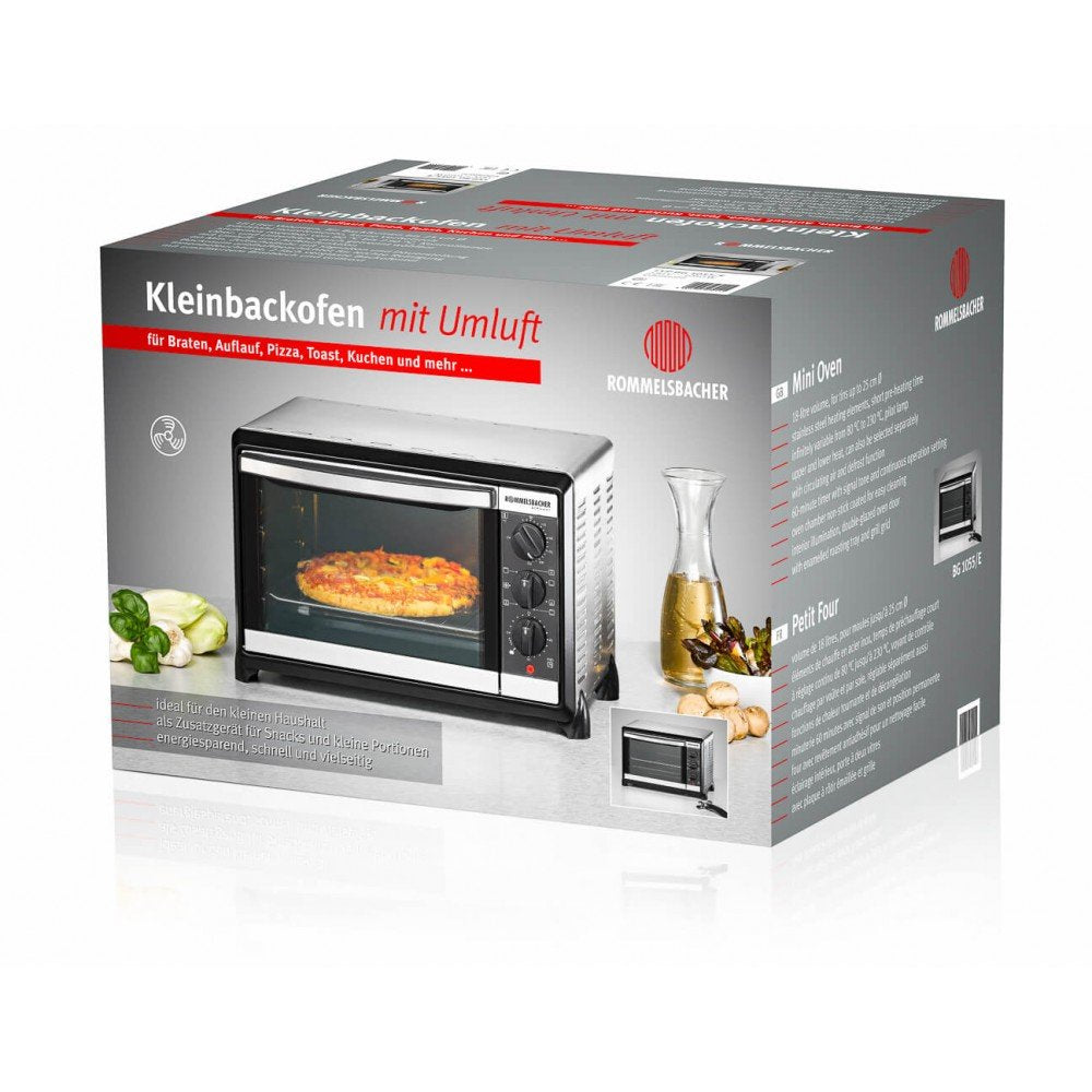 Horno Rommelsbacher Bg 1055/E 18 L Negro, Acero Inoxidable Parrilla, Mini Horno Plateado/Negro, 18 L, Negro, Acero Inoxidable, Giratorio, Acero Inoxidable, 3 Estanterías, 60 Min, Minorista