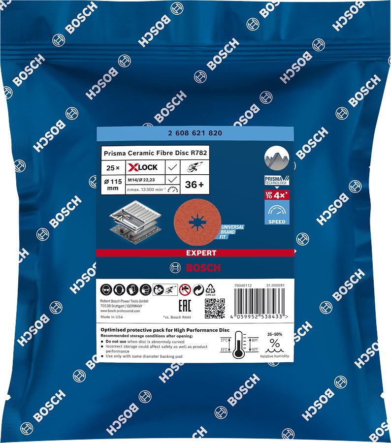 Bosch Professional X-Lock Expert R782 Prisma Disco Abrasivo De Fibra Cerámica, Ø 125 Mm, K60 25 Piezas, Diámetro 22,23 Mm 2608621825