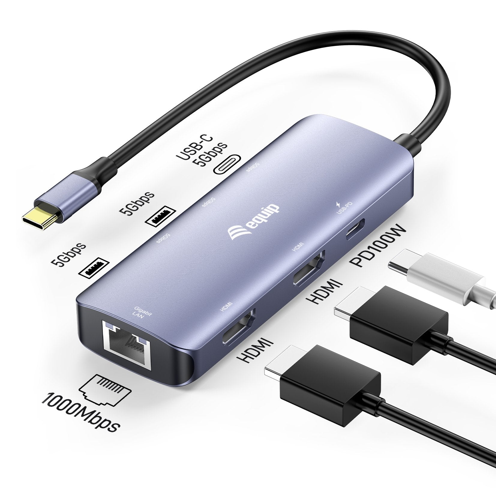 Equip Adapter Usb-C->2xhdmi/Rj45/2xusb-A/Usb-C3.2 M/H Gris
