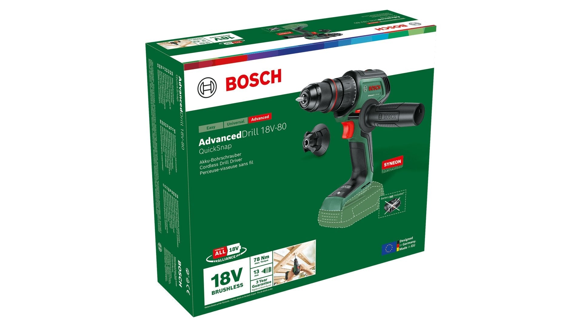 Bosch Taladro Inalámbrico Advanceddrill 18v-80 Quicksnap Solo Verde/Negro, Sin Batería Ni Cargador, Power For All Alliance 06039e2000