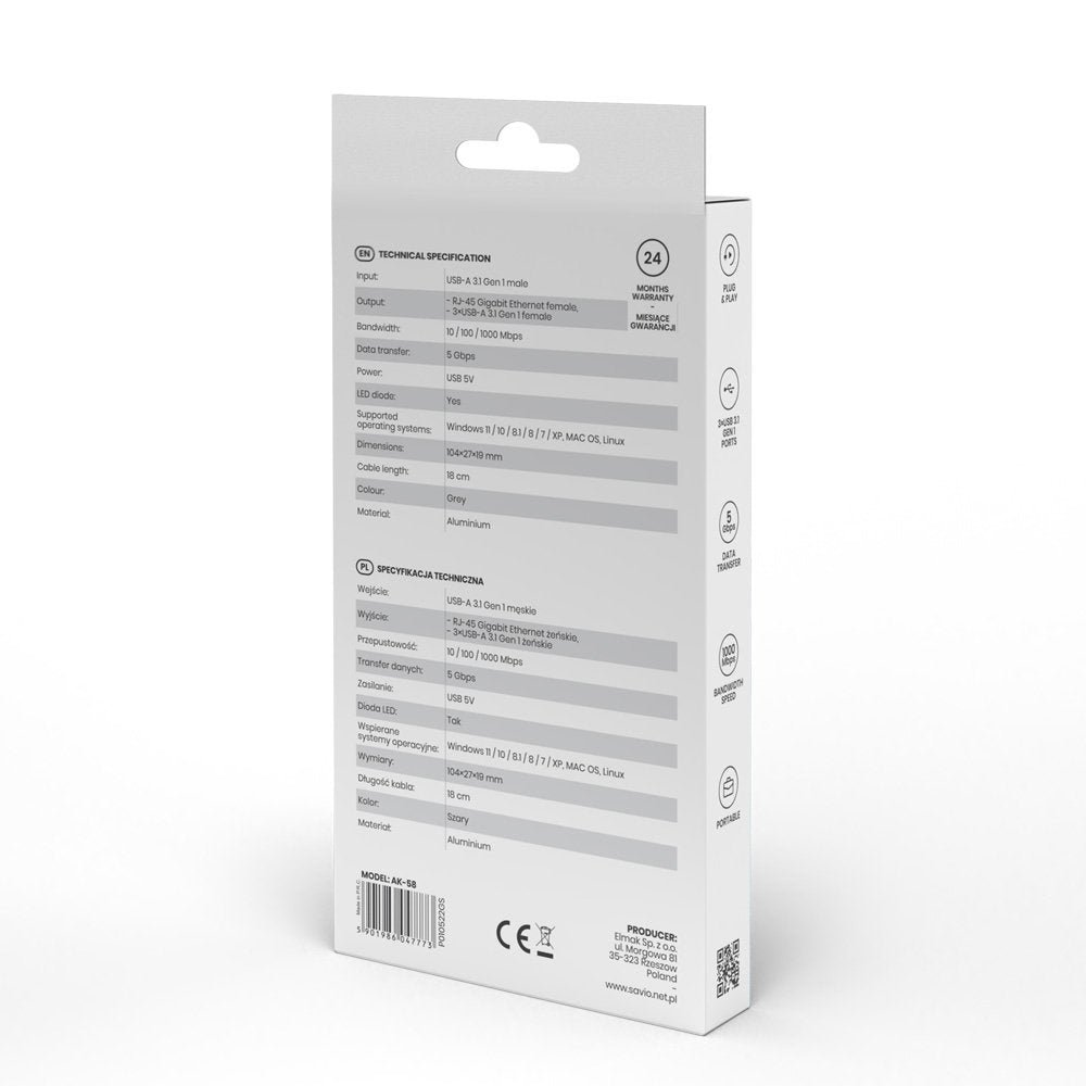 EAN 5901986047773 - Savio AK-57 USB-A - 3 x USB-A HUB with RJ-45 Gigabit Ethernet adapter 5000 Mbit/s grey USB 3.2 Gen 1 (3.1 imagen 9