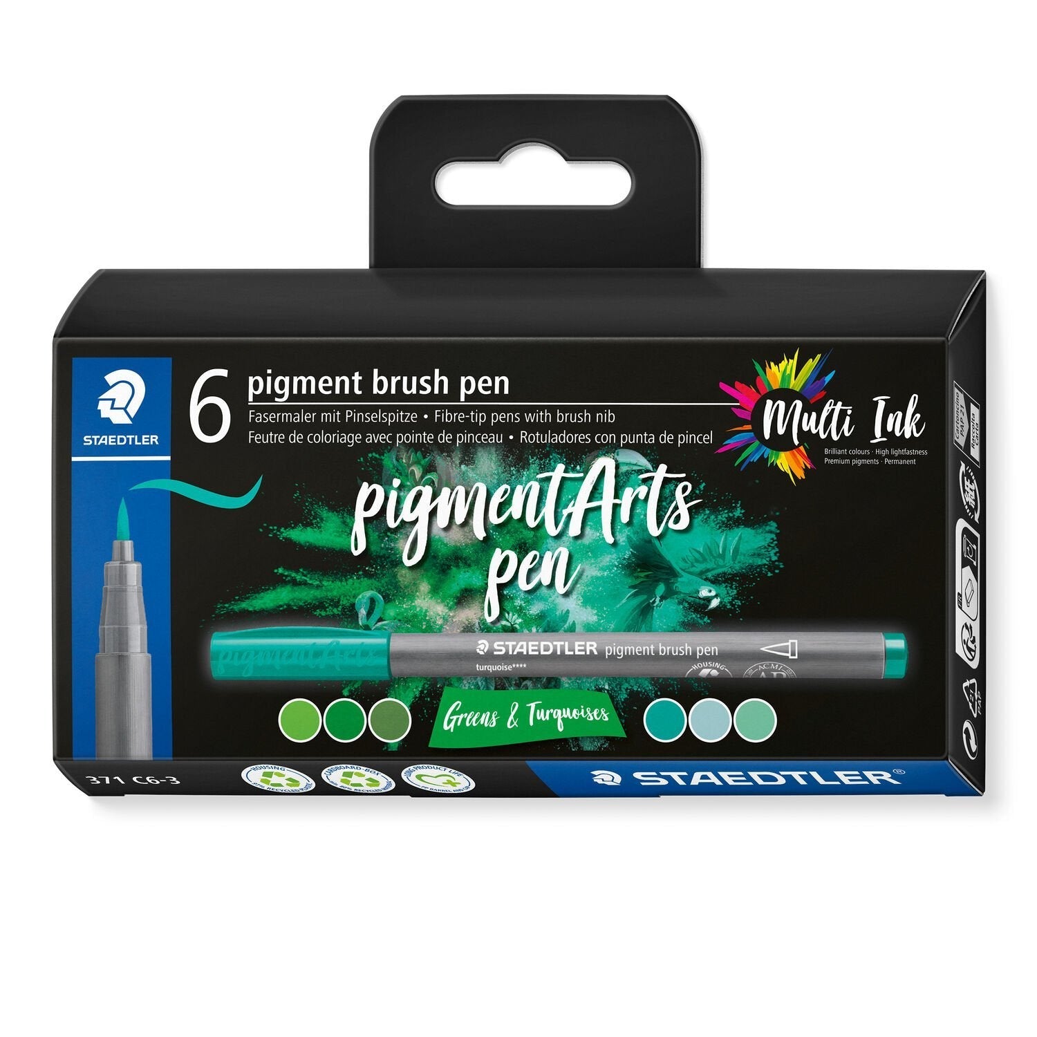 Staedtler 371 Pack De 6 Rotuladores Punta De Pincel Suave - Nueva Tinta Multi Ink - Pigmentos De Primera Calidad - Colores Verdes/Turquesas Surtidos