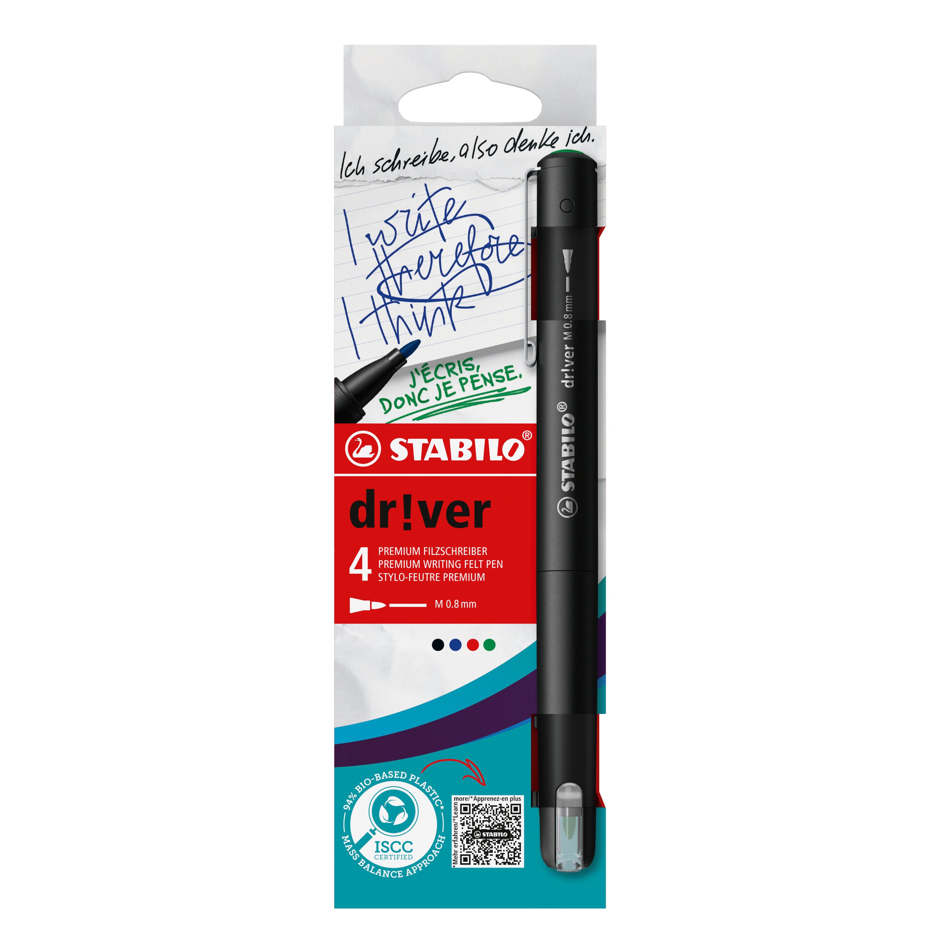 EAN 4006381615006 - STABILO dr!ver rotulador de punta fina Medio Negro, Azul, Verde, Rojo 4 pieza(s) imagen 1