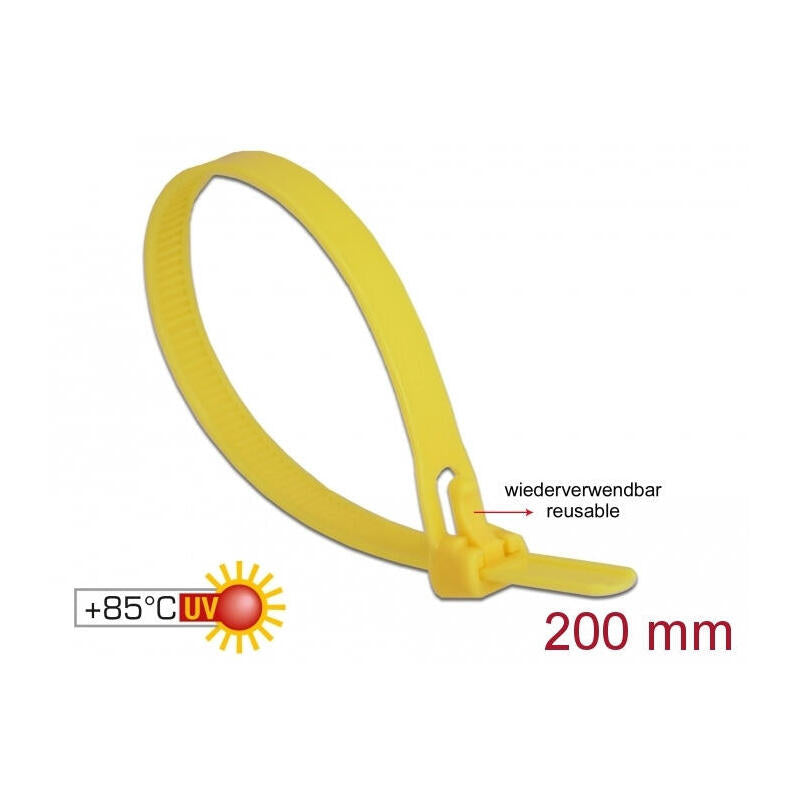 Delock 18759 Presilla Brida Reutilizable Nylon Amarillo 100 Pieza(S), Atacables Amarillo, Brida Reutilizable, Nylon, Amarillo, 20 Cm, 7,5 Mm, 100 Pieza(S)