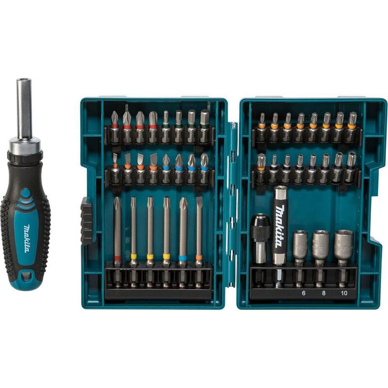 Destornillador De Trinquete Makita + Juego De Puntas, 44 Piezas Azul, En Estuche E-25096