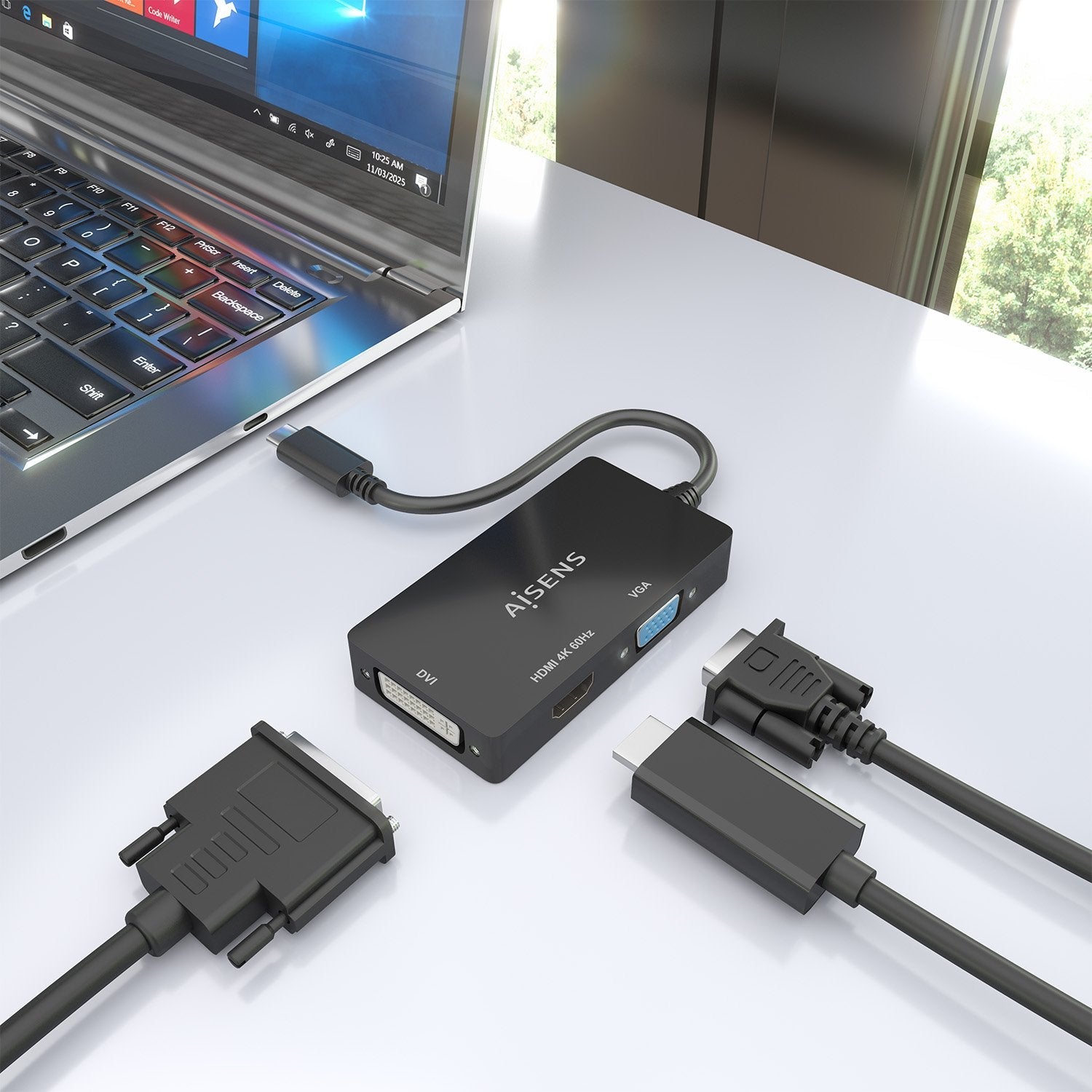 Aisens Conversor Usb-C A Dvi/Hdmi/Vga, Usb-C/M-Dvi/H-Hdmi/H-Vga/H, Negro, 15cm