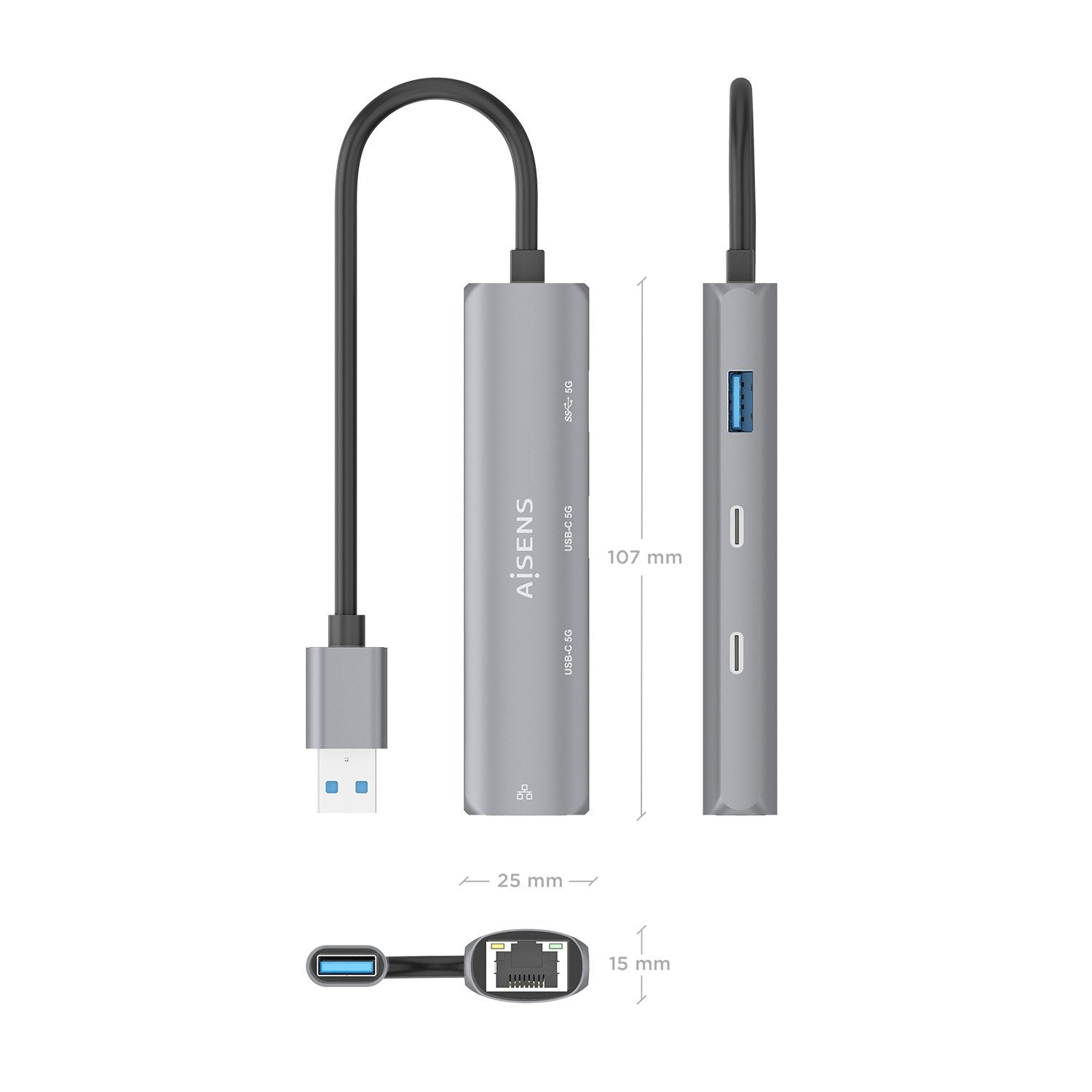 Aisens Usb3.0 Dock Usb-A A Ethernet Gigabit + Hub 2xusb-C+1xusb-A, Gris, 15cm