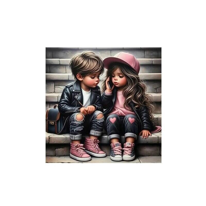 Diamentowa Mozaika - Dziewczynka I Chlopiec Na Schodach