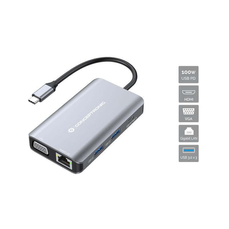 Dock Usb-C 7in1 Conceptronic Hdmi Vga Usb 3.0 Lan Gigabit Usb-C Carga 100w