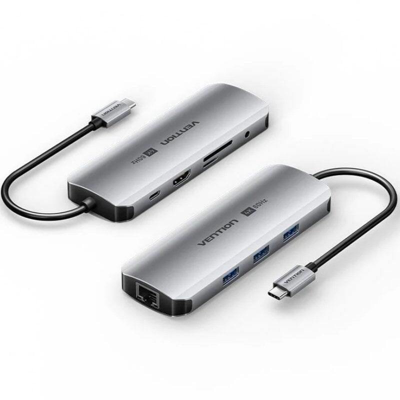 Docking Usb Tipo-C Vention Tqlhb 1xhdmi 4k 3xusb 1xusb Tipo-C Pd 1xrj45 1xjack 3.5mm 1xlector De Tarjetas Gris