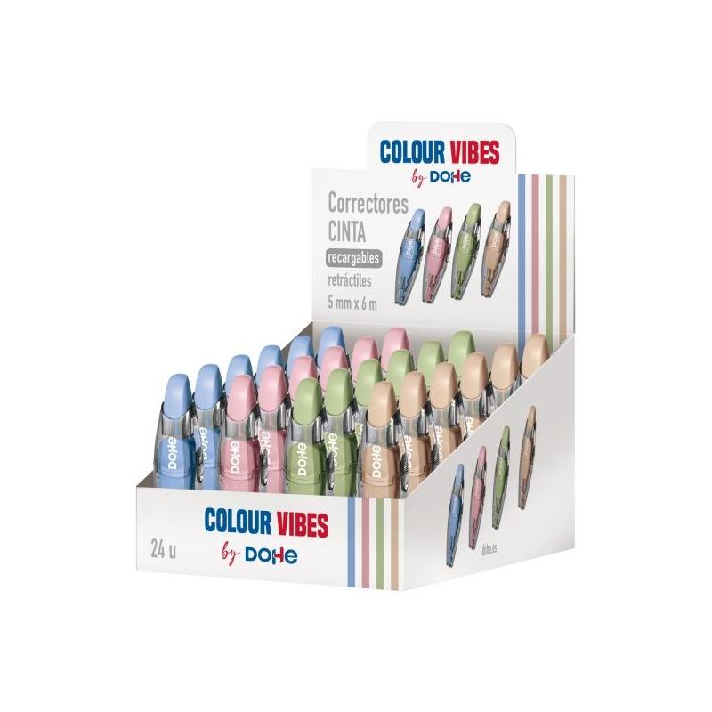 Dohe Colour Vibes Expositor Con 24 Recambios De Cinta Correctora - 5mm X 6m - Retractil - Colores Surtidos