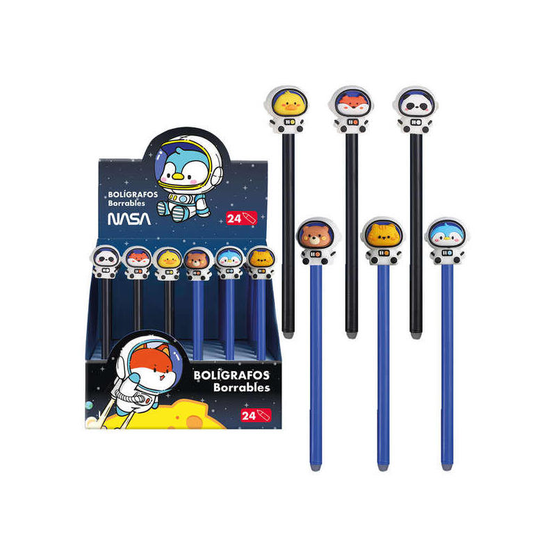 Dohe Expositor De 24 Boligrafos Tinta Borrable - Cuerpo Plastico Color - Tapa Decorada Astronautas-Animales - Punta
