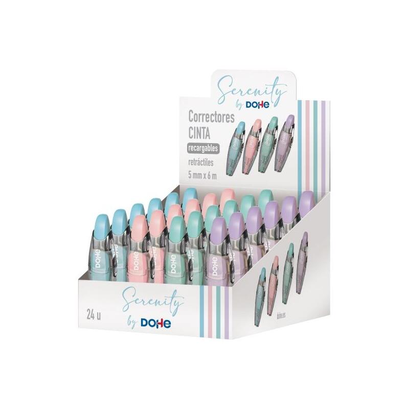 Dohe Serenity Expositor Con 24 Cintas Correctoras - 5mm X 6m - Pulsador Retractil - Recargable - Cuerpo Ergonomico -