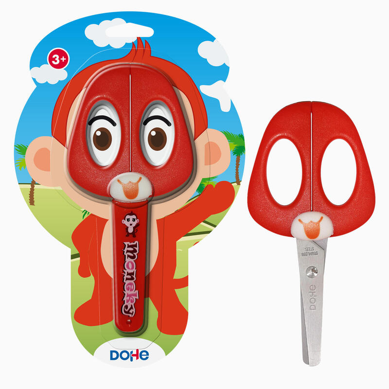Dohe Tijera Escolar Para Niños - Acero Inoxidable - Puntas Redondeadas - Funda Para Las Hojas - Diseño Mono