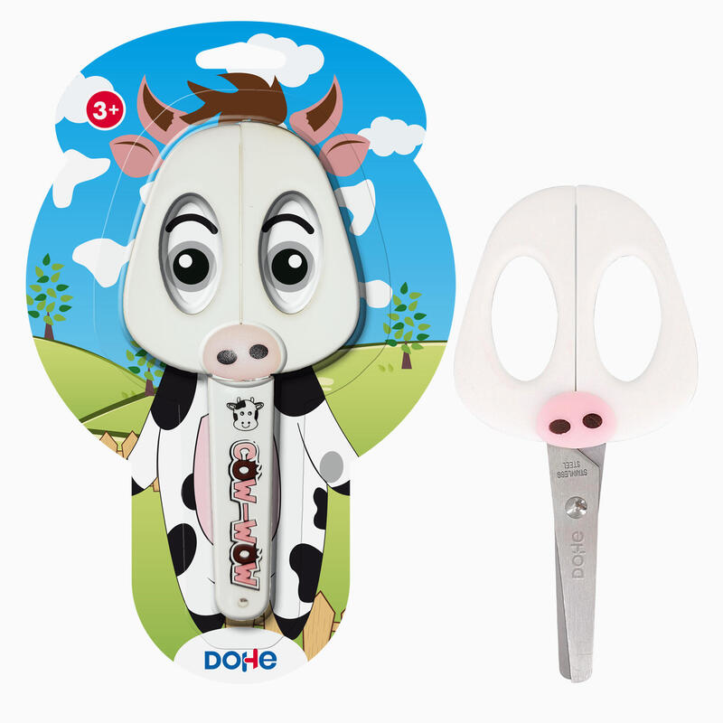 Dohe Tijera Escolar Para Niños - Acero Inoxidable - Puntas Redondeadas - Funda Para Las Hojas - Diseño Vaca