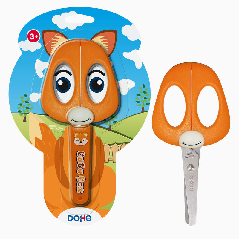 Dohe Tijera Escolar Para Niños - Acero Inoxidable - Puntas Redondeadas - Funda Para Las Hojas - Diseño Zorro