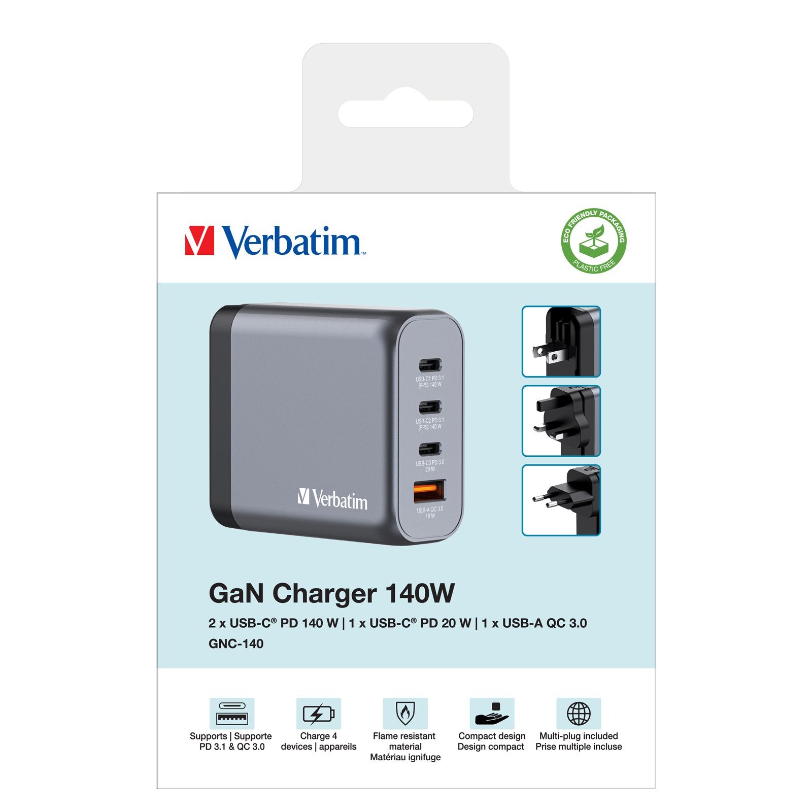 Cargador Verbatim Gan 140w, 1x Usb-A, 3x Usb-C Gris, Pd 3.1, Pd 3.0, Qc 3.0 32203
