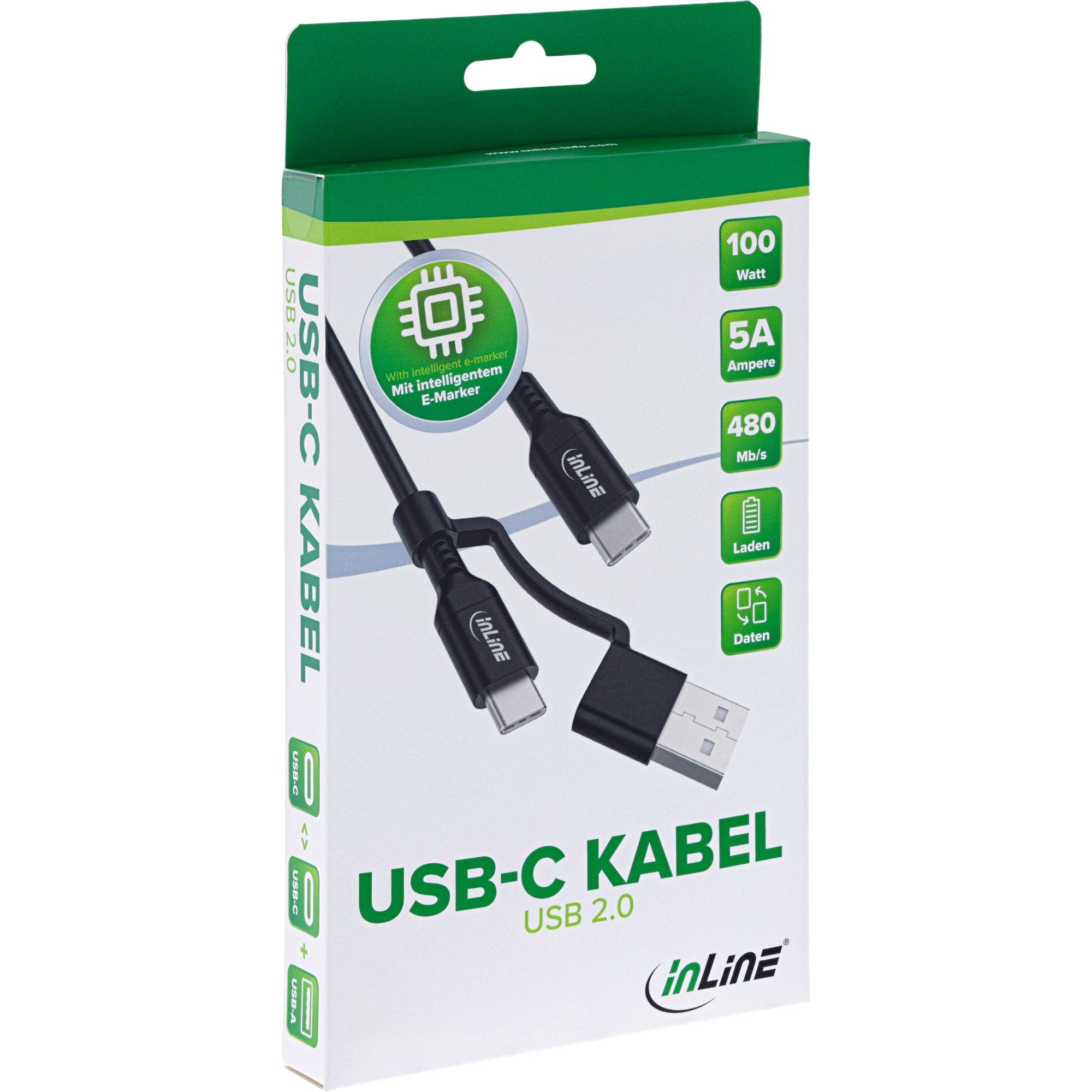Inline® 2-In-1 Usb-C Cable + Usb-A Adapter, Usb 2.0, 100w, Tpe, Negro, 1m