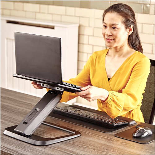 Fellowes Hana Soporte Para Portatil - Sistema De Muelle A Gas - Inclinacion Maxima 95º - 4 Puertos Usb - Base De Aluminio Y Plataforma De Madera - Hasta 29 Pulgadas - Color Negro