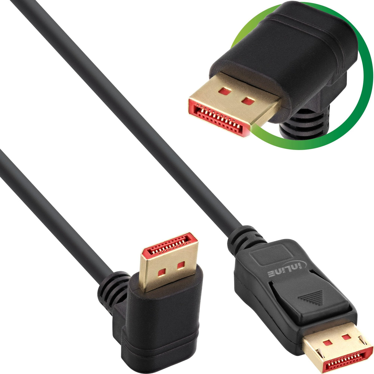 Cable Inline Displayport 1.4, 8k4k, En Ángulo Hacia Abajo, Negro/Dorado, 3 M
