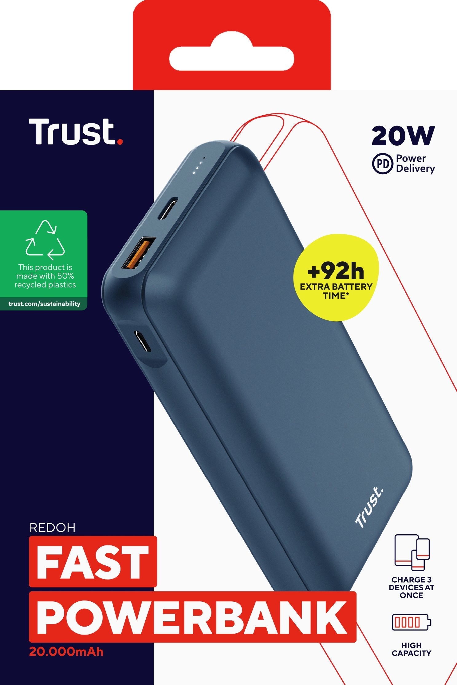 Powerbank Universal Trust 25034 Redoh 20000mah Color Azul18w Carga Rapida 2xusb-C 1xusb-A