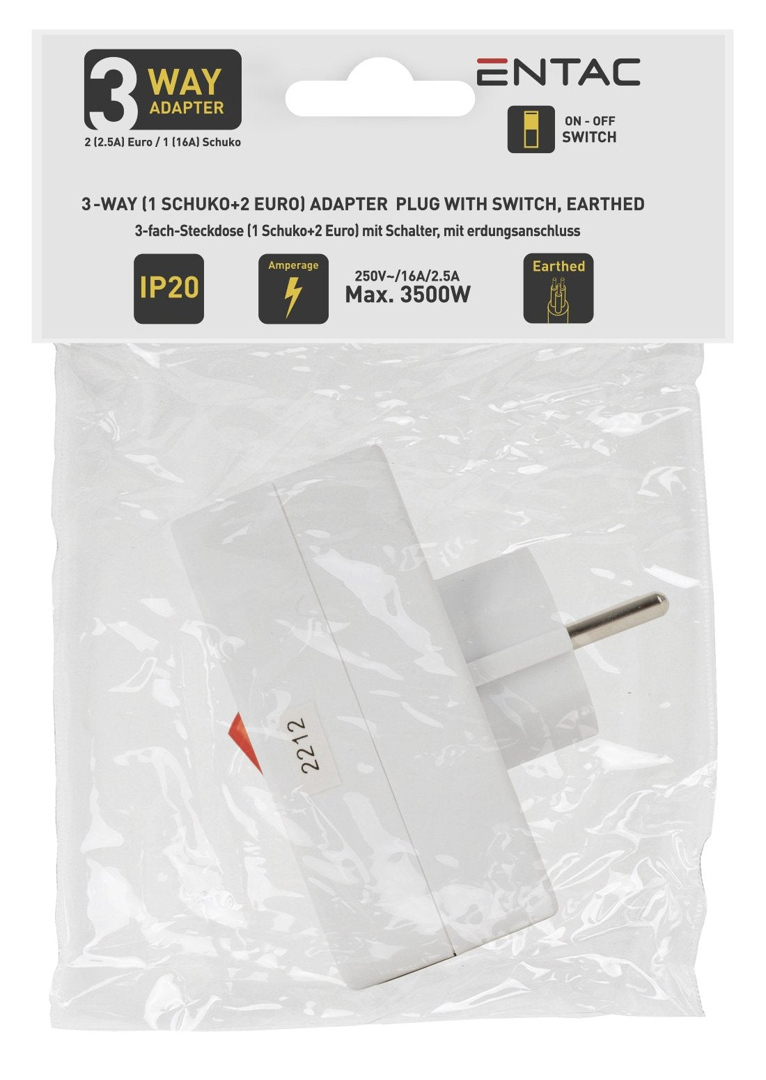 Entac Meckdosenadaptador 2x Euro 1x Schukon Schalter Blanco
