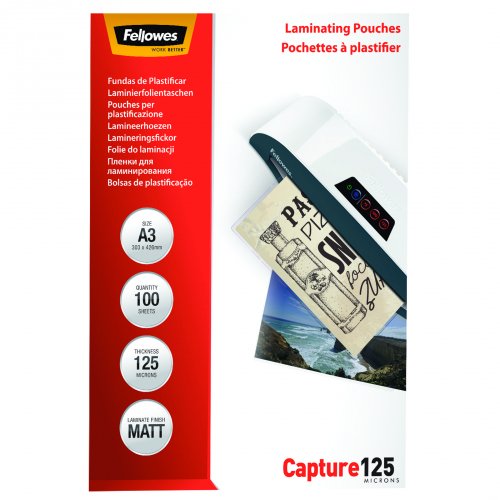 Fellowes Pack De 100 Fundas Para Plastificar Mate A3 - 125 Micras - Transparente