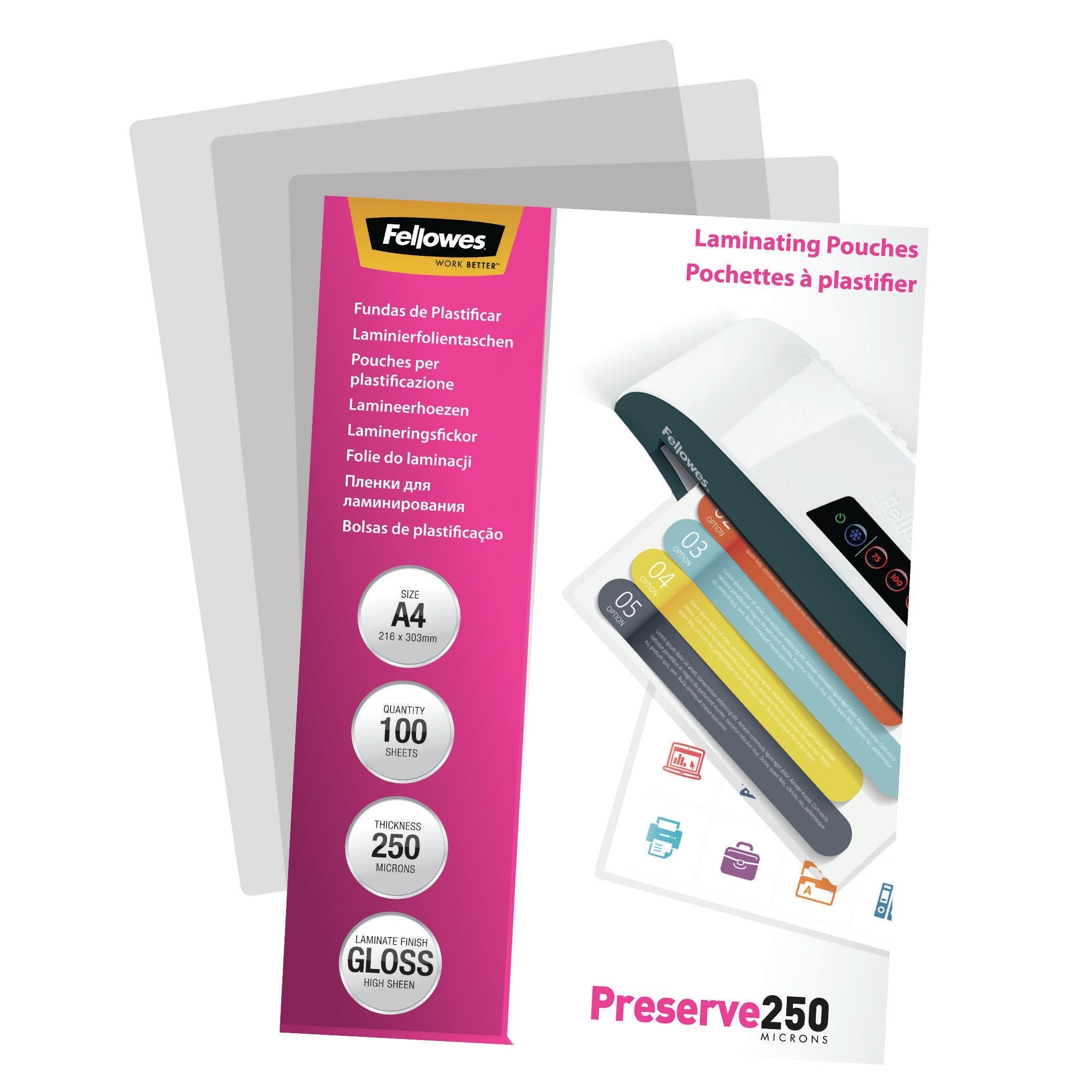 Fellowes A4 Glossy 250 Micron Laminating Pouch - 100 Pack