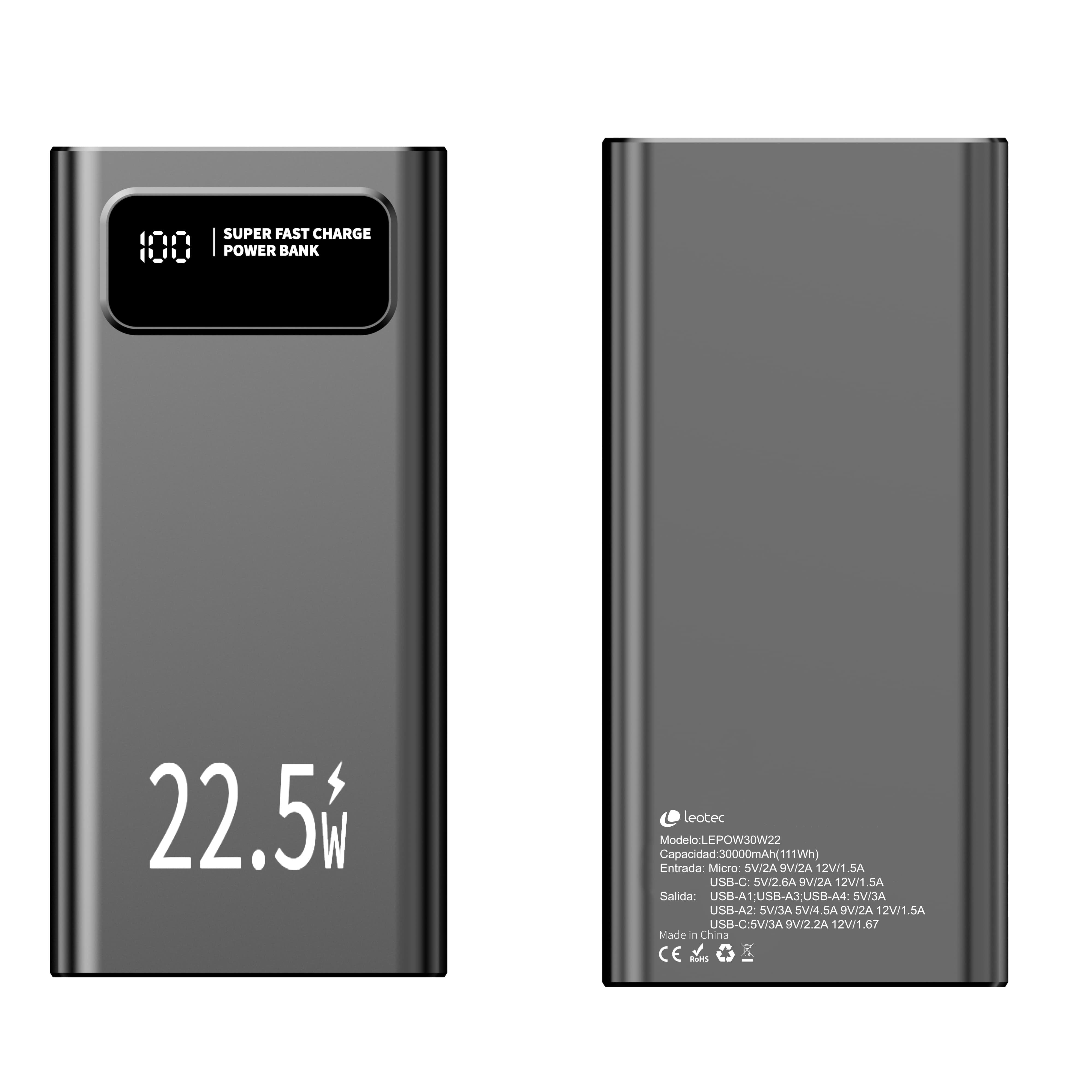 Leotec Powerbank 30000mah 22,5w Pd20w Neg (1 Usb-C+4usb-A Inc Usb-A A Usb-C)