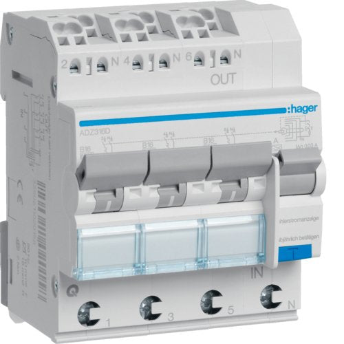 Hager Adz316d Fehlerstrom-Schutzschalter 3phasig 3polig 16 A 0.03 A 230 V (Adz316d)