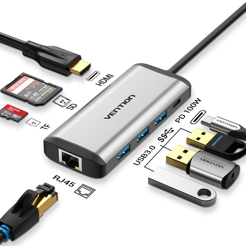 Docking Usb Tipo-C Vention Cndhb 1xhdmi 3xusb 1xusb Tipo-C Pd 1xrj45 1xlector Tarjetas Gris