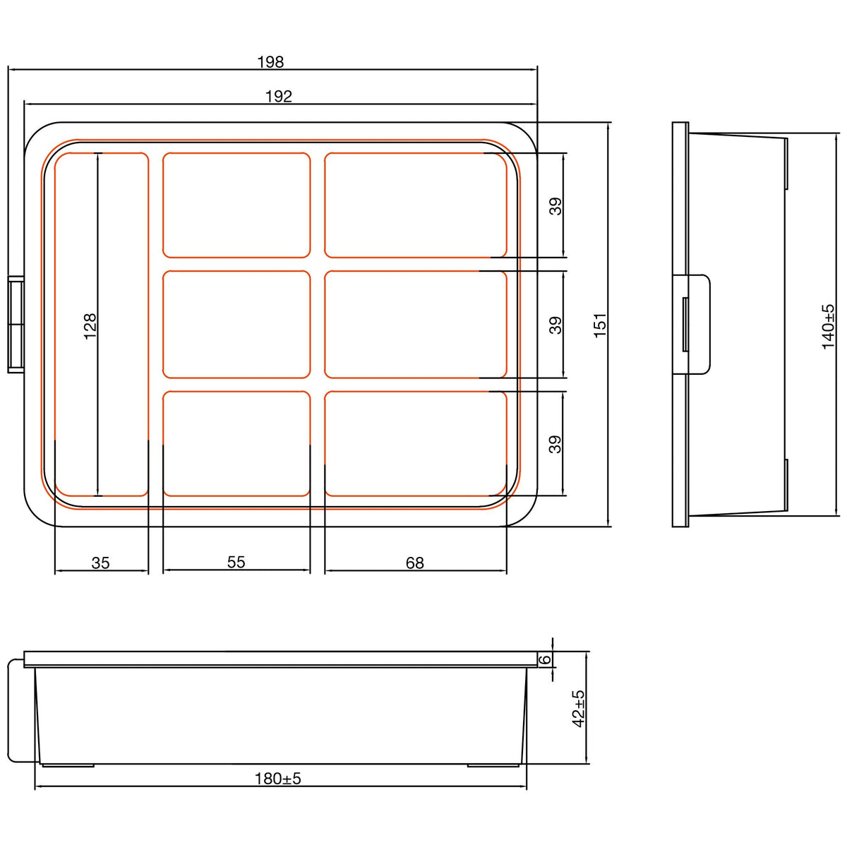 Inline® Small Components Box, 7 Compartments, 180x140x40mm, Orange