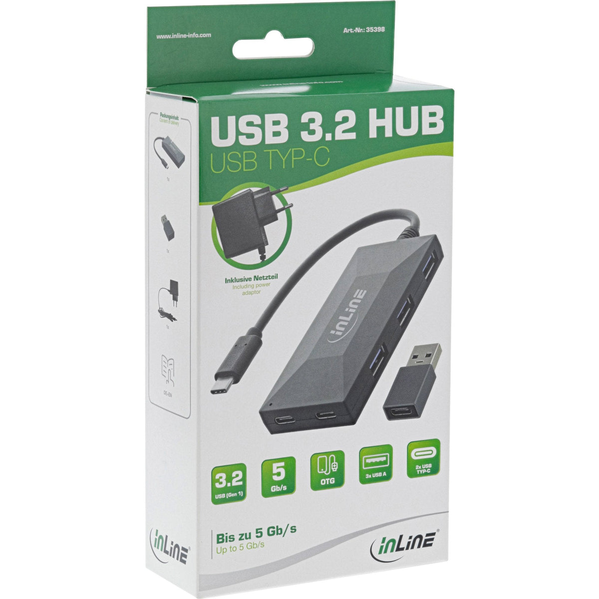 Inline® Usb 3.2 Gen.1 Otg Hub, Usb Typ-C A 2 Port Typ-C And 3 Port Typ-A, With 5v/3a Power Supply, Black