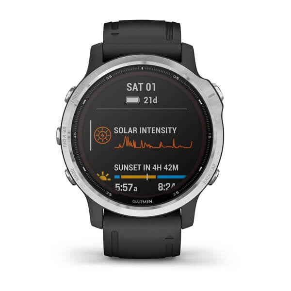 Reloj Deportivo Con Gps Garmin Fénix 6s Solar Plata/Negro Pantalla 30.4mm Carga Solar Frec Cardiaca Pulsioximetro 10atm Multisport