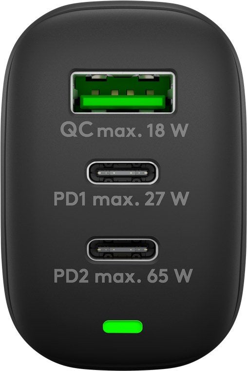 Cargador Goobay Rápido Multipuerto Usb-C, Pd, Gan, 65 Vatios Negro, 2x Usb-C, 1x Usb-A, Power Delivery, Quickcharge 65407