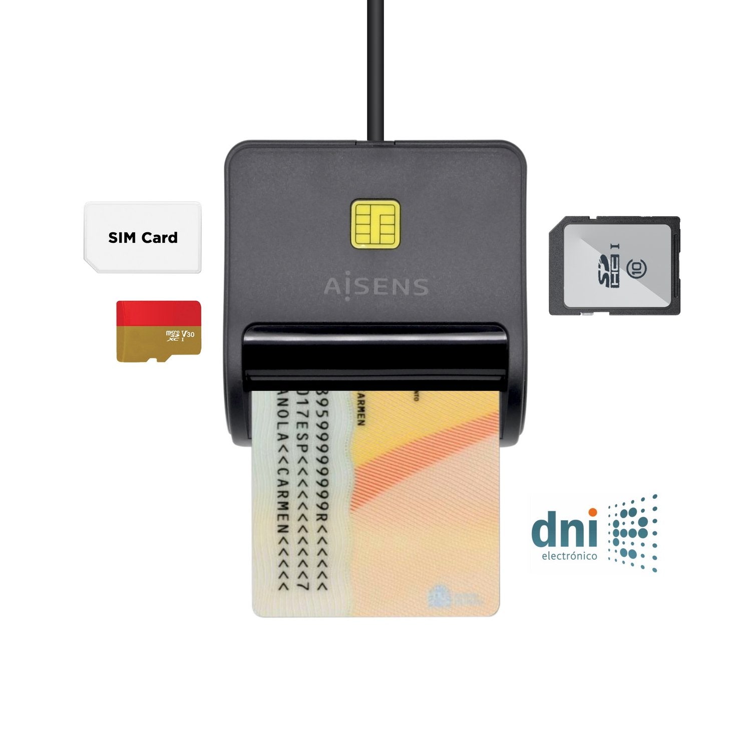Aisens Lector De Tarjetas Externo Dni Sim, Sd, Micro Sd, Mmc, Rs-Mmc, Mmc Micro, Negro