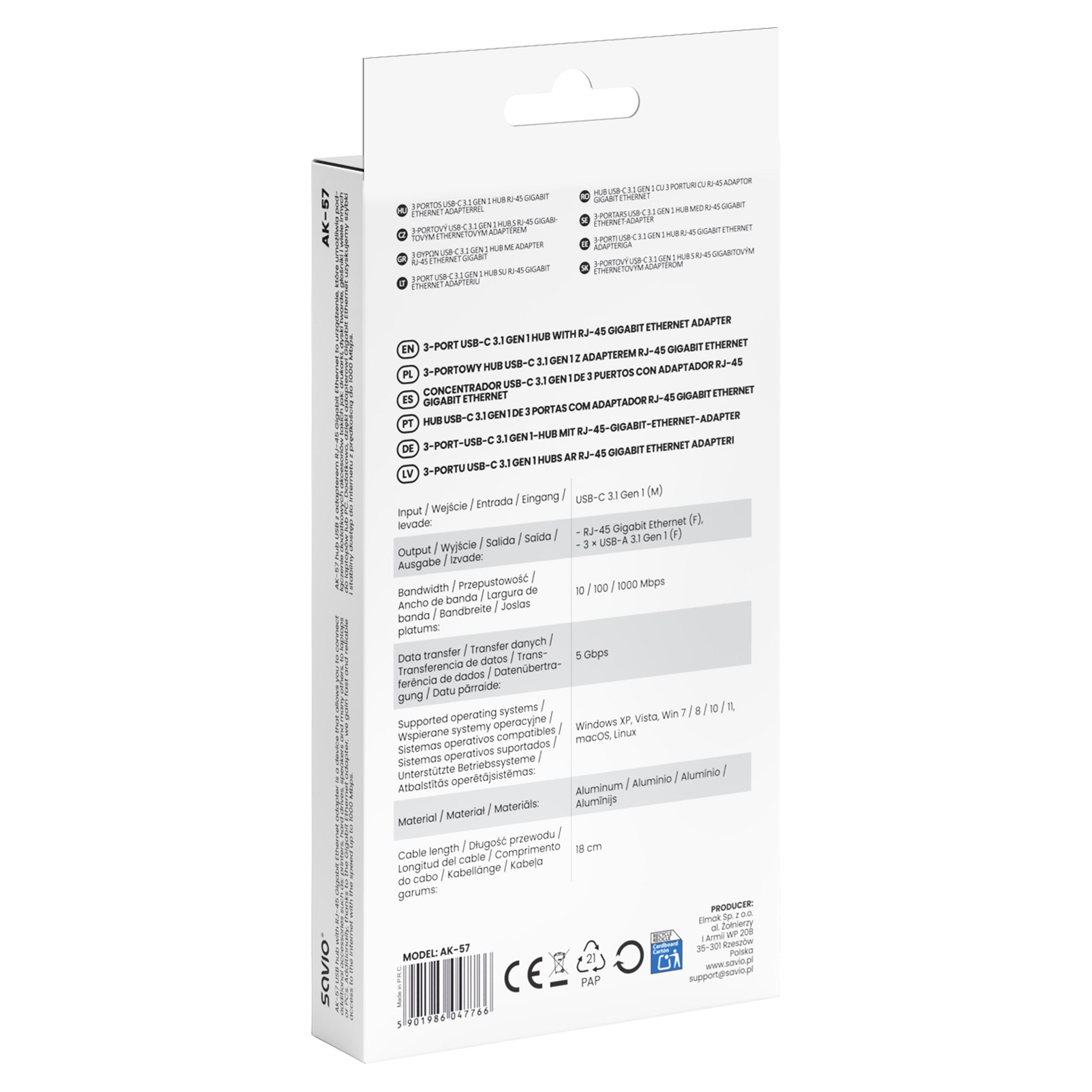EAN 5901986047766 - Savio AK-57 USB-C - 3 x USB-A HUB with RJ-45 Gigabit Ethernet adapter 5000 Mbit/s grey 2 x USB 3.2 Gen 2 imagen 7