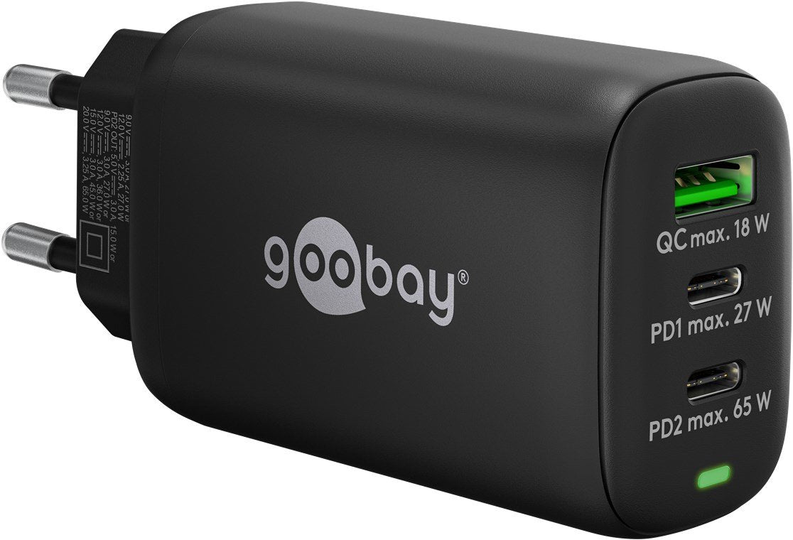 Cargador Goobay Rápido Multipuerto Usb-C, Pd, Gan, 65 Vatios Negro, 2x Usb-C, 1x Usb-A, Power Delivery, Quickcharge 65407
