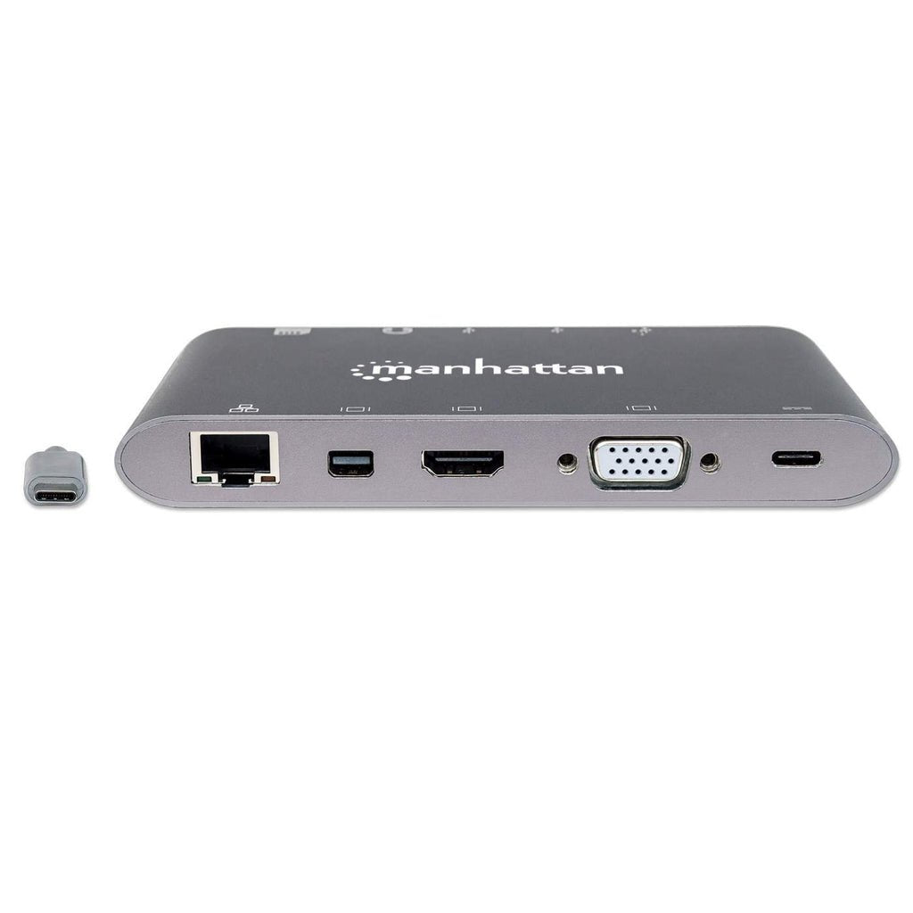 Manhattan Estación Docking Usb-C 7 En 1 Usb 3.1 Tipo-C Macho A Hdmi, Mini Dp O Vga, 3 Usb 3.0 Tipo-A,1 Usb-C Pd, Gigabit Rj45, Lector Tarjetas Sd Y Audio De 3.5 Mm, Aluminio, Gris