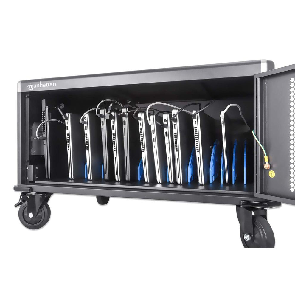 Manhattan Laptop Charging Cabinet Desktop Via Ac Adapter (Eu) 20-Bay, Install Device'S Ac Adapter (Power Cables) Into Unit, Suitable For All Laptops (To 16"), Ipads, Macbooks, Chromebooks, Other Portable Devices, Bays 380x30x280mm, Cart, Lo