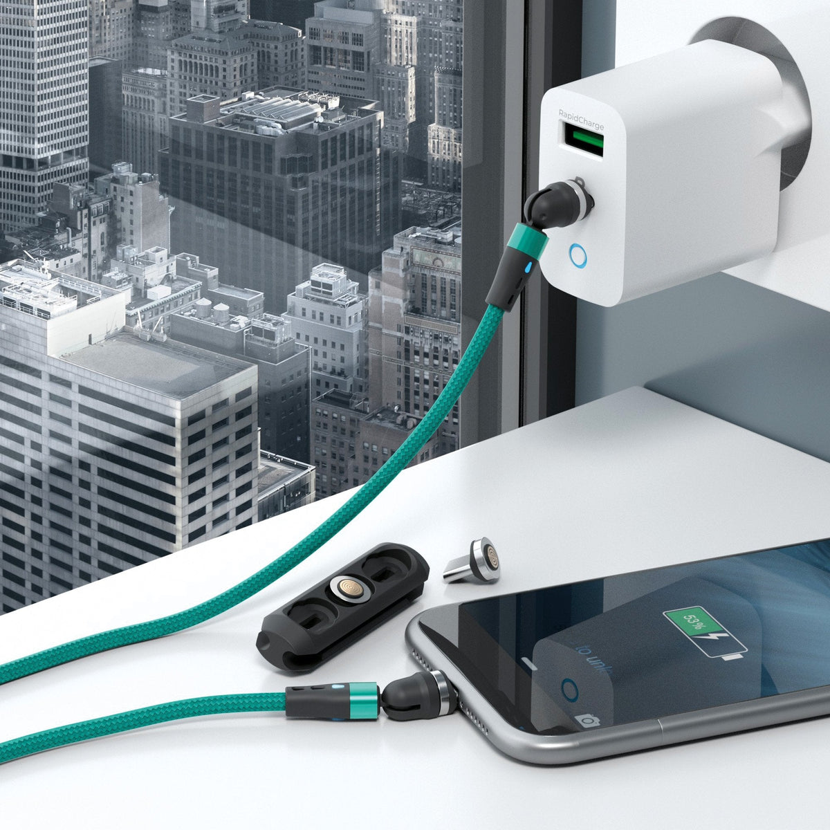Realpower Magentic Cable,1m 2x Magnético,Verde Con Adaptern