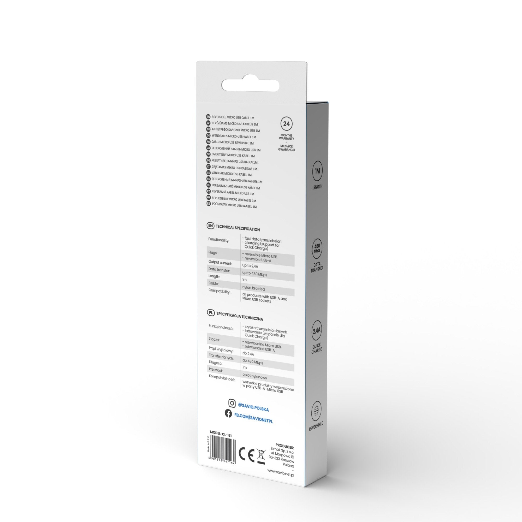 Kabel Z Dwustronnym Zlaczem Usb Micro Usb - Usb A 1m, Cl-161