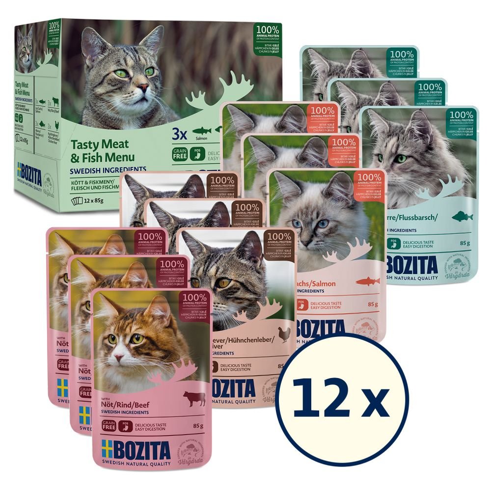 Bozita Comida Húmeda Para Canapés En Gelatina Con Pescado Y Carne, 12 X 85 G, Bolsa De Porciones Sin Cereales Y Sin Trigo Para Gatos, Alimento Húmedo Para Gatos Adultos Con 8,5% De Proteína Y 4,5% De